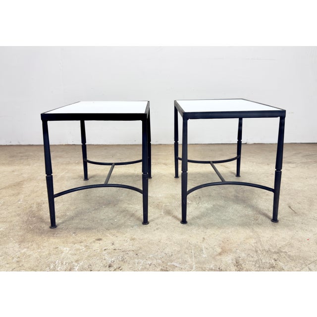 Mid Century Modern Wrought Iron & Milk Glass Small Side Tables—a Pair For Sale - Image 11 of 12