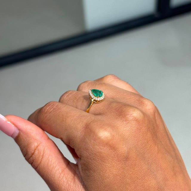 Not Yet Made - Made To Order 18k Gold Natural Pear Cut Emerald and Diamond Halo Engagement Ring Size 8 For Sale - Image 5 of 17