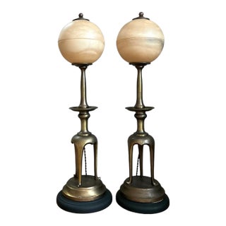 Vintage Brass and Alabaster Table Lamps - Pair For Sale