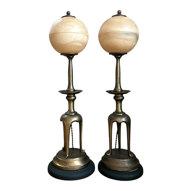 Vintage Brass and Alabaster Table Lamps - Pair For Sale