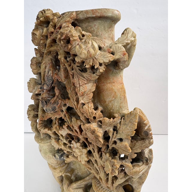 Stone Mid 20th Century Chinese-Style Carved Soapstone Vase With Birds & Flowers For Sale - Image 7 of 12