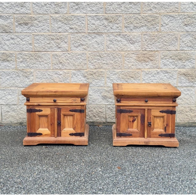 Pair of Rustic Pine Nightstands With Wrought Iron Hardware For Sale - Image 9 of 10