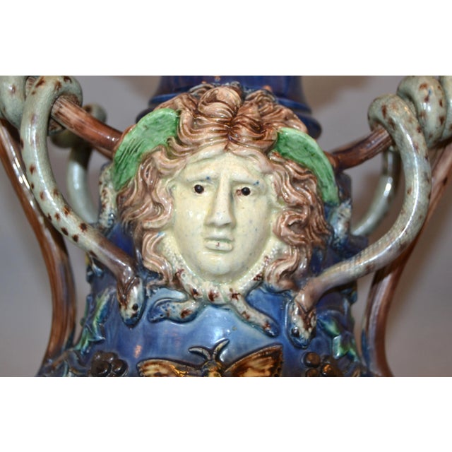 French 19th Century Antique Hand Painted Ceramic Vase Wine Decanter Wooden Riser For Sale - Image 9 of 13