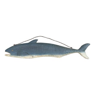 Vintage 1940s Primitive Blue Whale Double-Sided Carved Wood Pub Sign For Sale