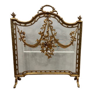Late 19th Century French Louis XVI Brass Fireplace Screen W. Mesh Panel and Floral Details For Sale
