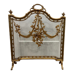 Late 19th Century French Louis XVI Brass Fireplace Screen W. Mesh Panel and Floral Details