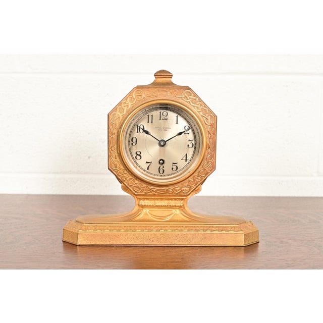 Tiffany Studios New York Arts & Crafts Bronze Doré Desk Clock or Mantel Clock, Circa 1910 For Sale - Image 14 of 14
