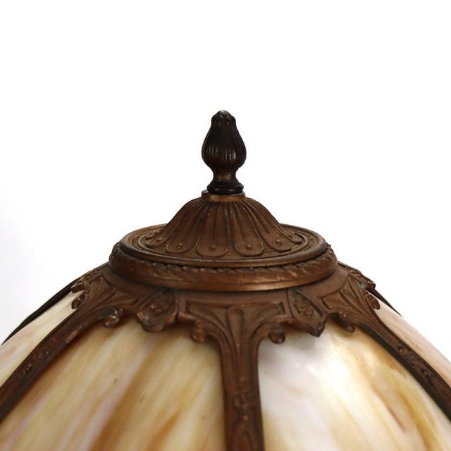 Bronze Antique Bradley & Hubbard School Arts & Crafts 6 Panel Slag Glass Lamp C1920 For Sale - Image 8 of 11