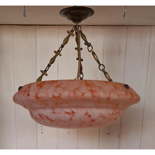 Antique Art Deco German Ceiling Lamp with Glass Bowl and Brass Mount, 1920s, in Very Good conditions. Designed 1920 to...