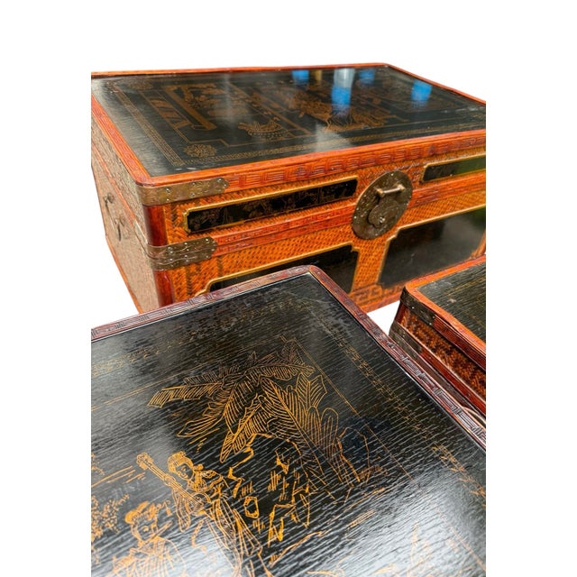 Maitland - Smith Maitland Smith Chinoiserie Trunk Set of 3 With Brass Hardware Hand Painted Panels Complete Set Chests For Sale - Image 4 of 12