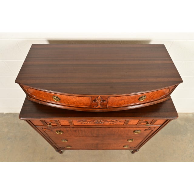 Antique French Regency Louis XVI Burled Walnut Highboy Dresser by Simmons Furniture, Circa 1930s For Sale - Image 11 of 14