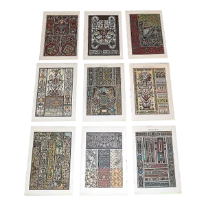 Antique 19th Century Folio Size Ornamental Design Lithographs - Metallic Inks - Set of 9