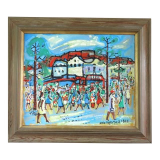 1965 Mid-Century Modern 'The Joyful Passage' Vintage Original Swedish Street Scene Oil Painting, Framed For Sale