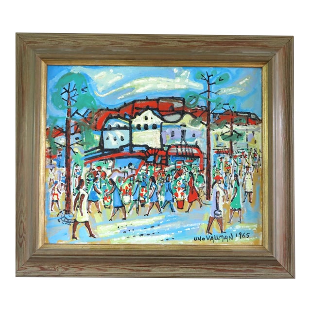 1965 Mid-Century Modern 'The Joyful Passage' Vintage Original Swedish Street Scene Oil Painting, Framed For Sale