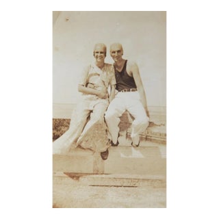 Vintage 1920's Snapshot Photograph Couple in Bald Skull Caps For Sale
