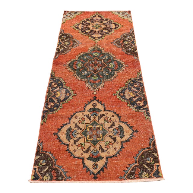 1970s Turkish Orange Handmade Runner Rug For Sale