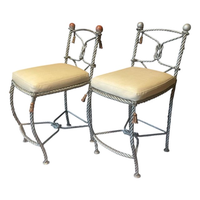 Pair Vintage Napolean III Style Rope Twist Iron Stools For Sale