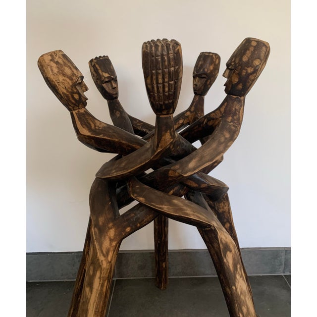 African Vintage Five Headed African Wood Carved Plant Stand Side Table For Sale - Image 3 of 7