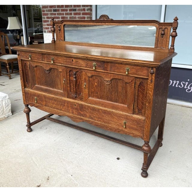 J.B. Van Sciver Company Early 20th Century J.B. Van Sciver Co. Refinished Antique Oak Sideboard With Mirrored Gallery & Turned Legs For Sale - Image 4 of 13