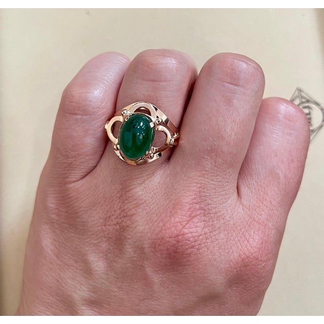 6 Carat Elongated Oval Emerald Cabochon 14 Karat Rose Gold Cocktail Ring Vintage For Sale - Image 13 of 18