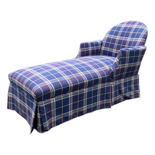 Early 20th Century Louis XVI Style Upholstered Blue Tartan Plaid Chaise Lounge For Sale