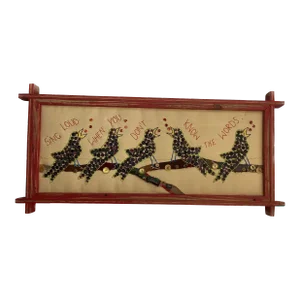 Large Signed Mary Teeter Folk Art Textile – “Sing Loud When You Don’t Know the Words” (2005) Bird Button and Embroidery Collage
