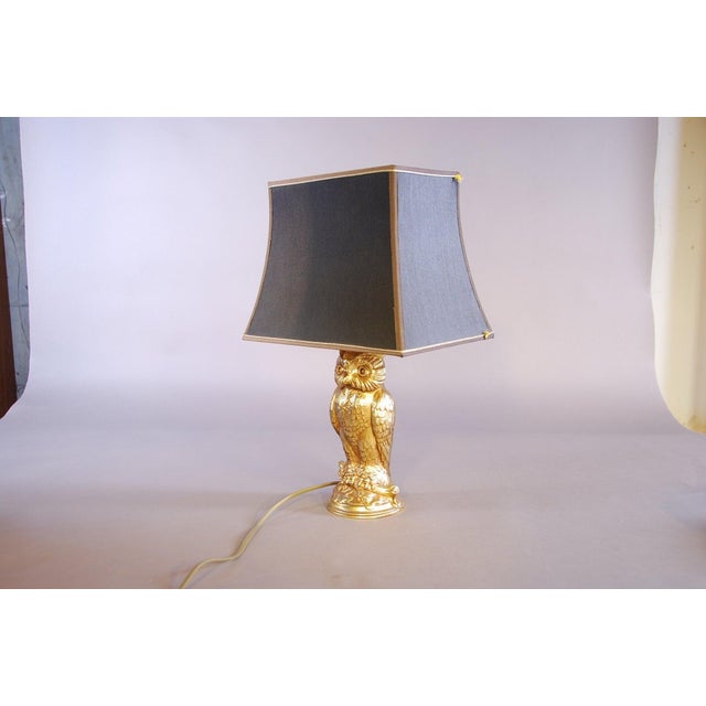 1970s Gold-Toned Owl Table Lamp with Black Shade attributed to Loevsky & Loevsky, 1960s For Sale - Image 5 of 5