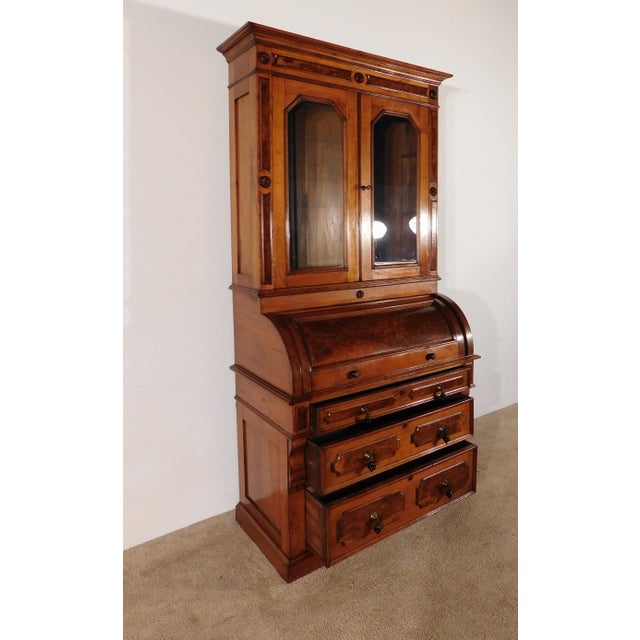 Antique 1880s Victorian Eastlake Burled Walnut Cylinder Secretary Bookcase Desk For Sale - Image 13 of 16