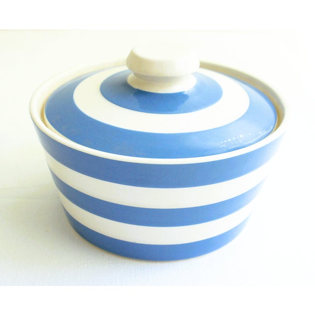 English Handmade in England Striped Stonware Cornishware Teapot/Butter Dish For Sale - Image 3 of 9