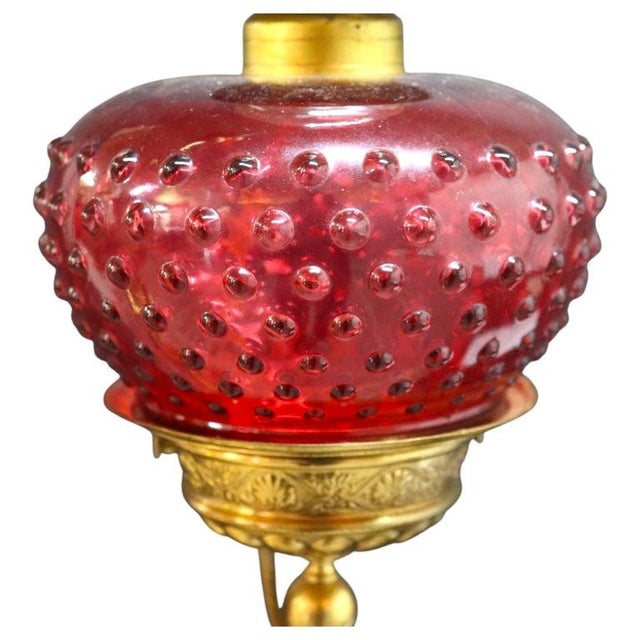 Brass & Cranberry Glass Electrified 3-Light Hanging Chandelier C1880 For Sale - Image 6 of 10