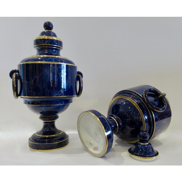 Late 19th. Century French Sevres Porcelain Gilded Lapis Lazuli Ground Palace Ground Urns - Pair For Sale - Image 14 of 18