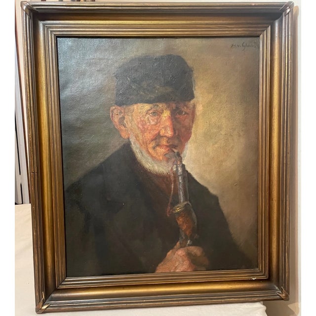 Paint Antique H Glass Elder Man Expressionism Smoking Pipe Oil Painting Portrait 1800s For Sale - Image 7 of 13