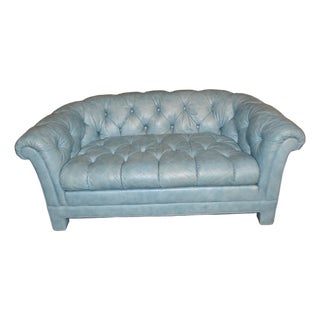 Vintage Drexel Aqua Blue Tufted / Buttoned Leather Chesterfield Loveseat Sofa For Sale