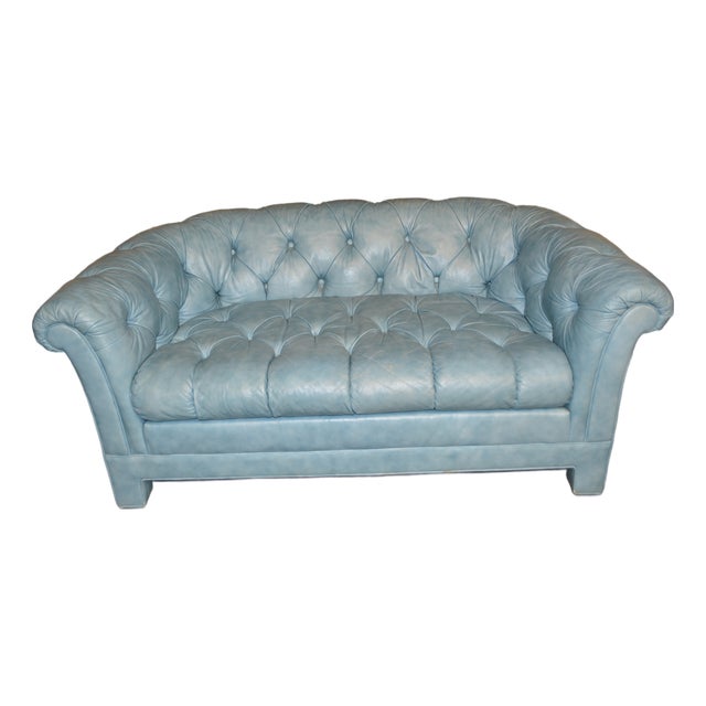 Vintage Drexel Aqua Blue Tufted / Buttoned Leather Chesterfield Loveseat Sofa For Sale