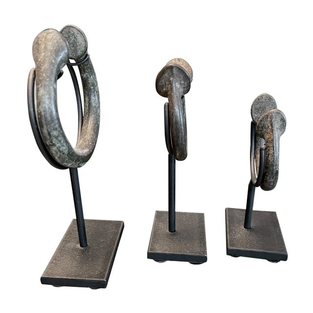 Metal Antique African Bronze Manilla Mounted Currency Forms- a Set of 3 For Sale - Image 7 of 8