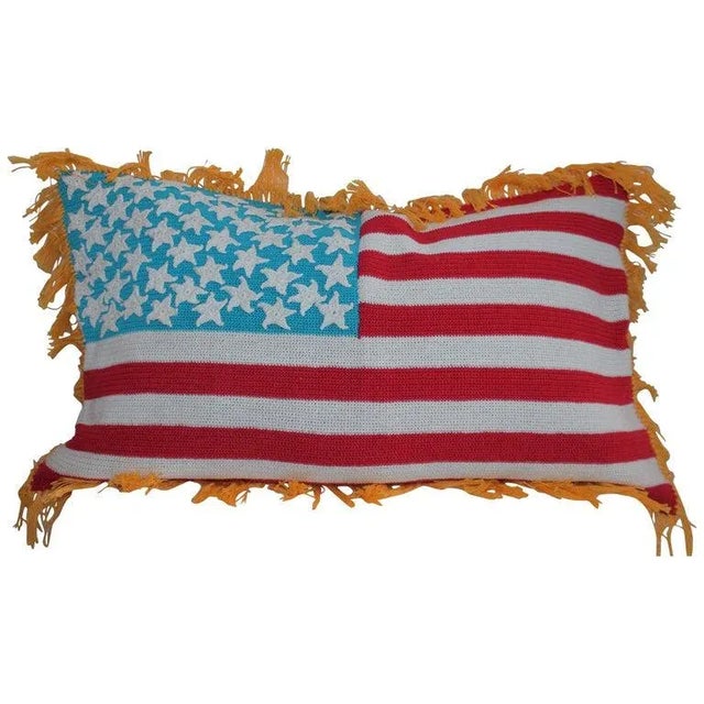 Red Hand Crochet Vintage Flag Pillow For Sale - Image 8 of 8