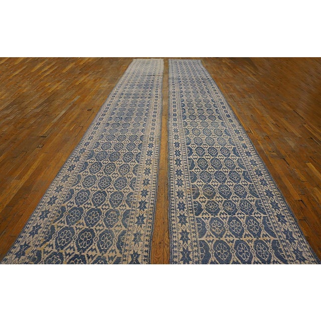 Early 20th Century 1900s White Blue Diamond Antique Agra Cotton Pair Rug 3'0" X 25'5" Hand Knotted Cotton Carpet For Sale - Image 5 of 7