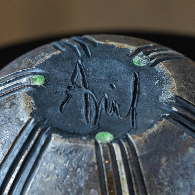 Copper Vintage 80s Signed Nancy April Studio Pottery Carved Raku Vase For Sale - Image 8 of 9