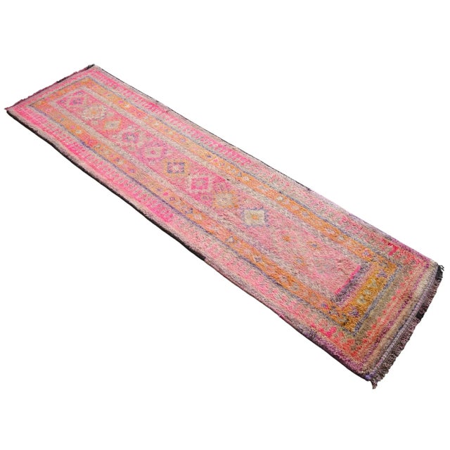 Hand-Knotted Turkish Kurdish Rug Pink Runner. High Pile Tribal Short Runner 2′8″ × 10′2″ For Sale - Image 4 of 12