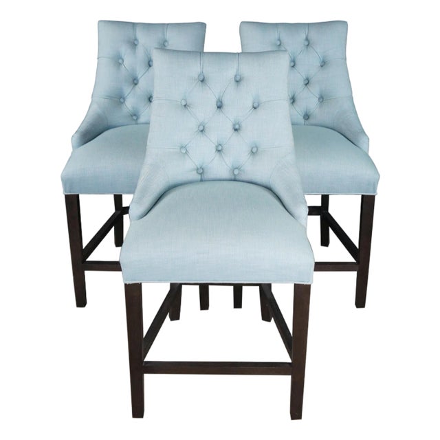 3 Restoration Hardware Rh Martine Tufted Blue Bar Counter Stools 42" For Sale
