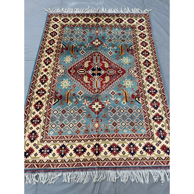 Hand-Knotted Blue and Red Afghan Medallion Wool Area Rug, 6'9" X 5'0 For Sale - Image 6 of 12