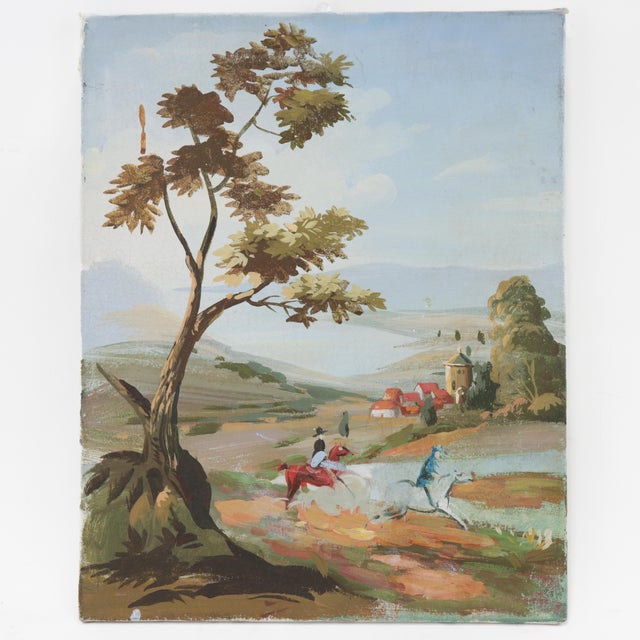 Vintage Horseback Riders Landscape Painting With Tower and Village For Sale - Image 9 of 9