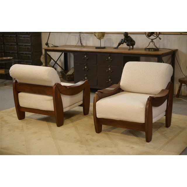 Brutalist Armchairs in Wood and Ecru Bouclé, 1970s, Set of 2 For Sale - Image 4 of 13