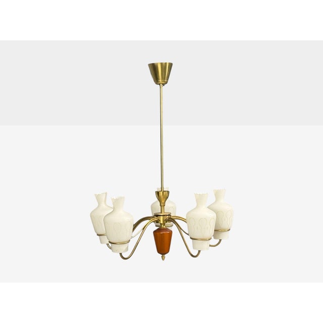 1940s Swedish Modern, Chandelier, Brass, Mahogany, Glass, Sweden, 1940s For Sale - Image 5 of 11