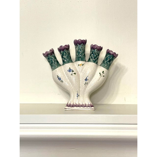 Vintage French Country Floral Painted Tulipiere Ceramic Vase, Purple & Green For Sale - Image 4 of 12