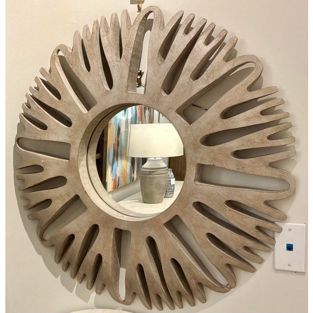 Original retail $1700, stylish Made Goods Modern Natural Pinewood Starburst Sedona Wall Mirror, showroom floor sample