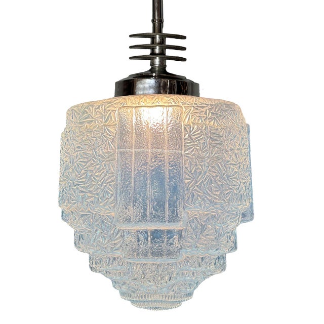 1930s Art Deco Chrome Streamline Pendant Light W/ Skyscraper Cobalt Blue Glass Shade For Sale - Image 4 of 9