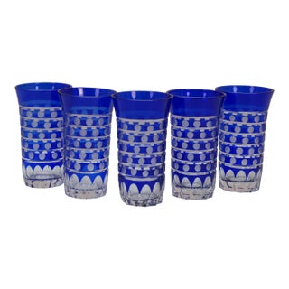 Late 20th Century Bohemian Blue Cut to Clear Crystal Polka Dot Shot Glasses Tumblers - Set of 5 For Sale