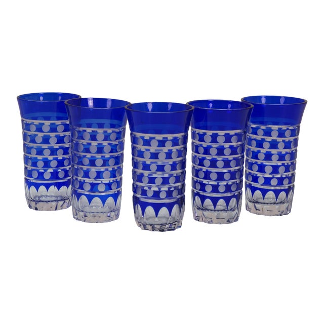 Late 20th Century Bohemian Blue Cut to Clear Crystal Polka Dot Shot Glasses Tumblers - Set of 5 For Sale