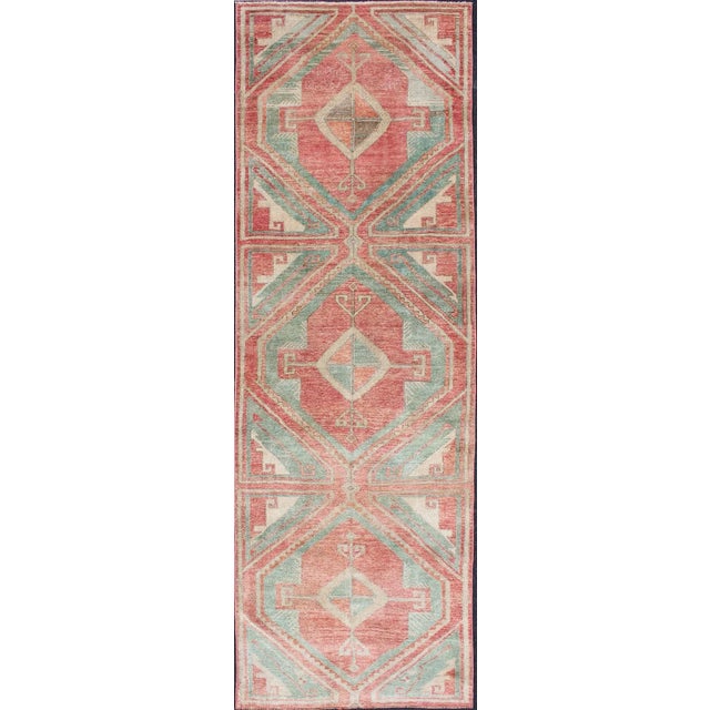 Vintage Turkish Oushak Runner With Coral Red, Soft Teal, and Warm Beige For Sale - Image 12 of 12